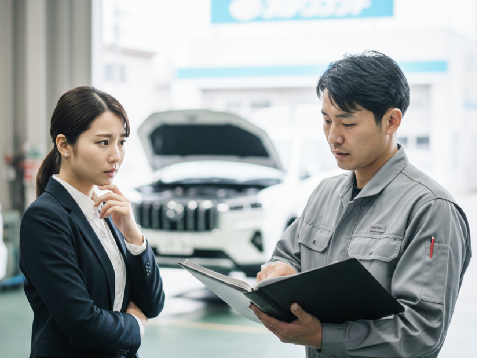 整備士が車の修理見積もりを説明している様子