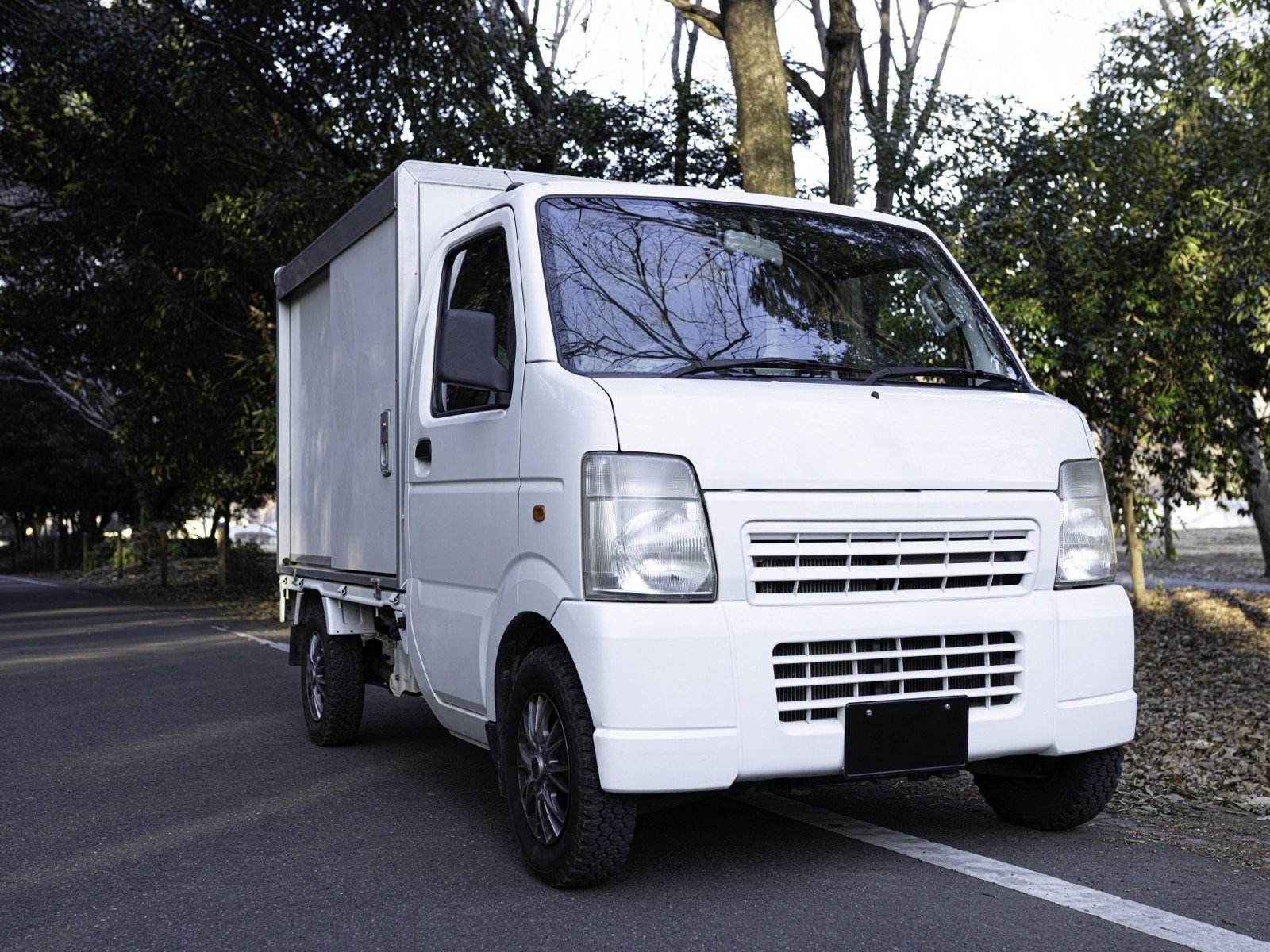 並木道の木の下に停めた白い軽トラック